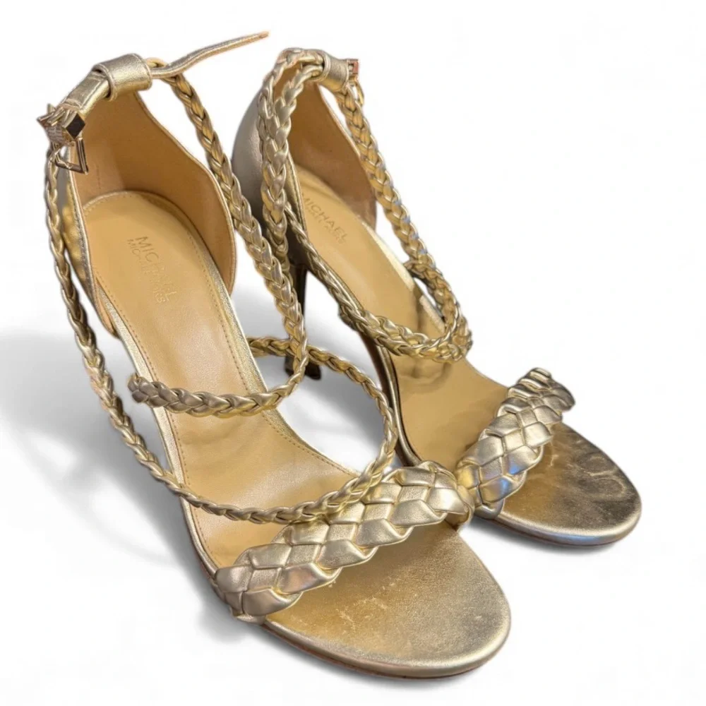 MICHAEL MICHAEL KORS Astrid Braided Metallic Faux Leather Sandal 8.5